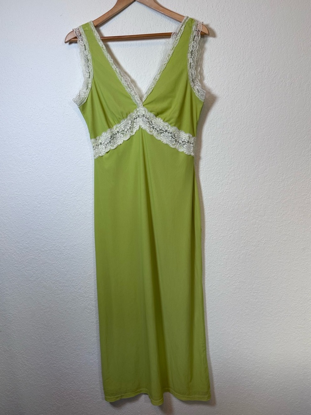 Bobbles & Lace- Lace-Trim V-Neck Long Chemise Dress- Green